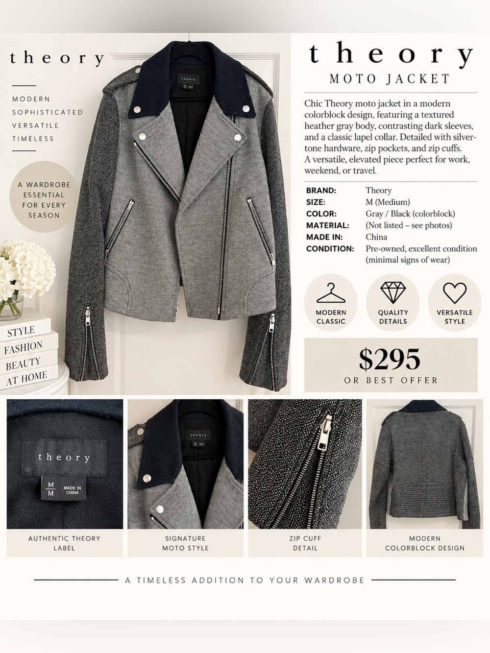 Theory Gray & Black Colorblock Moto Jacket